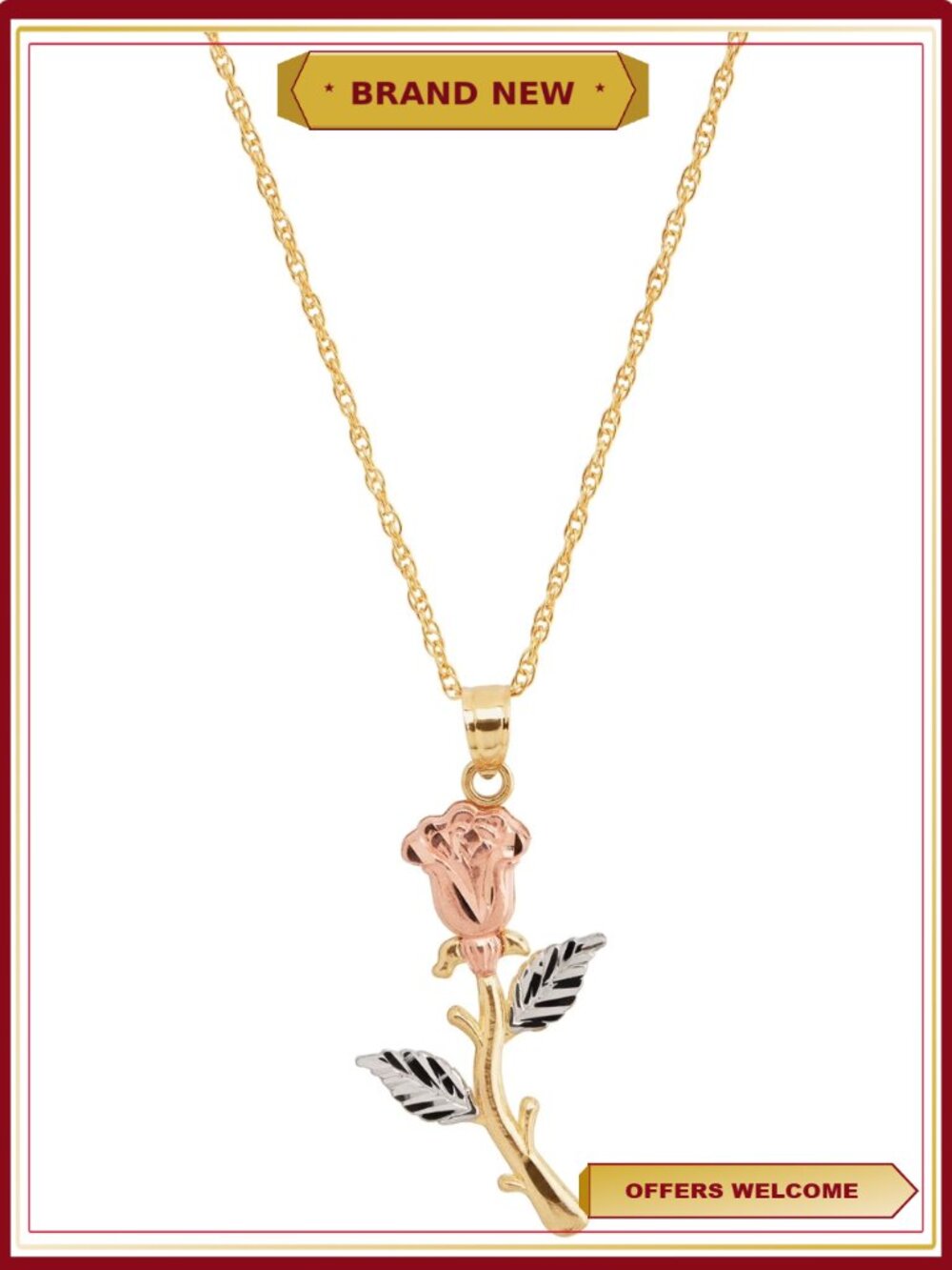 10K Yellow and Pink Gold Rose Necklace with Rhodium on Gold Filled Chain